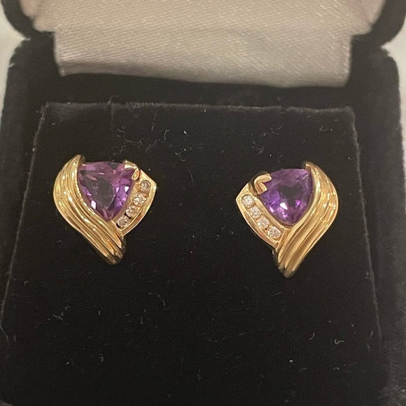 10k gold trillion amethyst and diamond earrings - Picture 3 of 6
